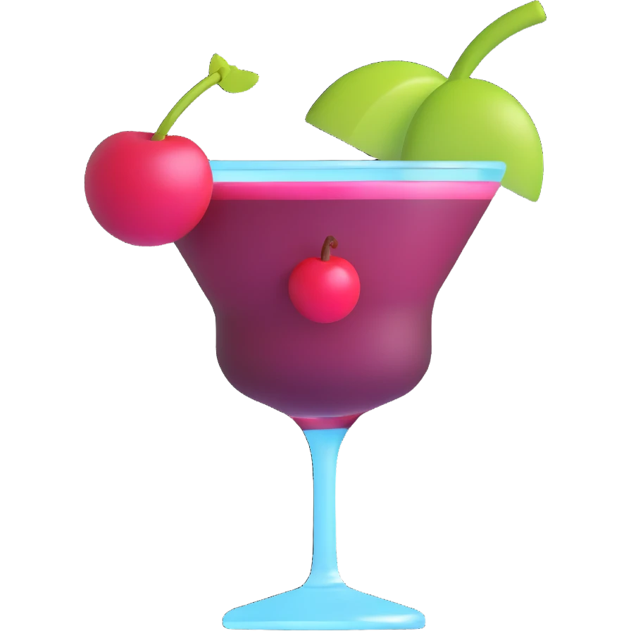 3D emoji style cocktail glass with burgundy drink and a cherry emoji
