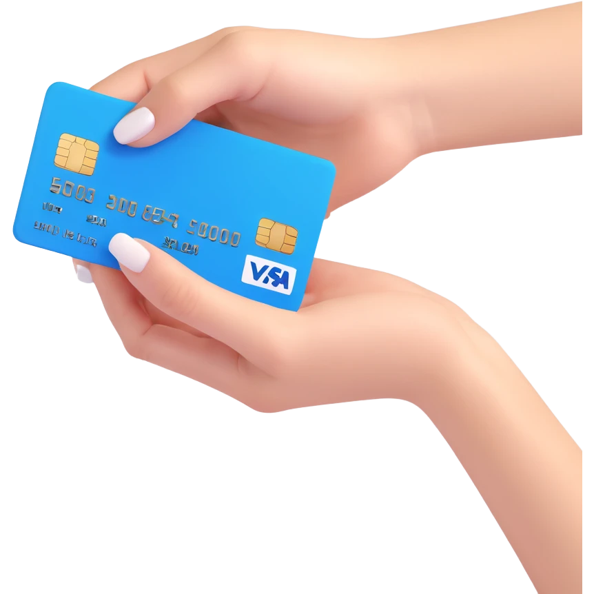 bank card in a female hand with manicure, angled view, clean white color, soft shadows and highlights, no decoration emoji