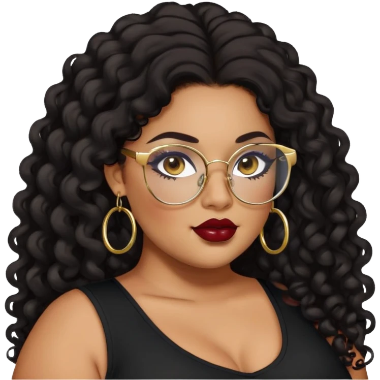 big plus size, latina, darker tan skin, gold hoops, long black curly hair, baddie,pretty, makeup, dark red lipgloss, black eyeliner, long hair, black top, black glasses emoji