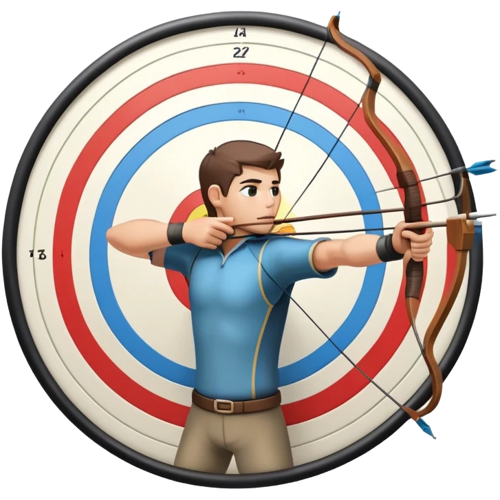 An archer pulling back a bowstring, aiming at a target in the distance. The target features concentric rings, and the scene conveys focus and precision. The background captures the essence of an outdoor archery range, highlighting skill and concentration in the sport. emoji