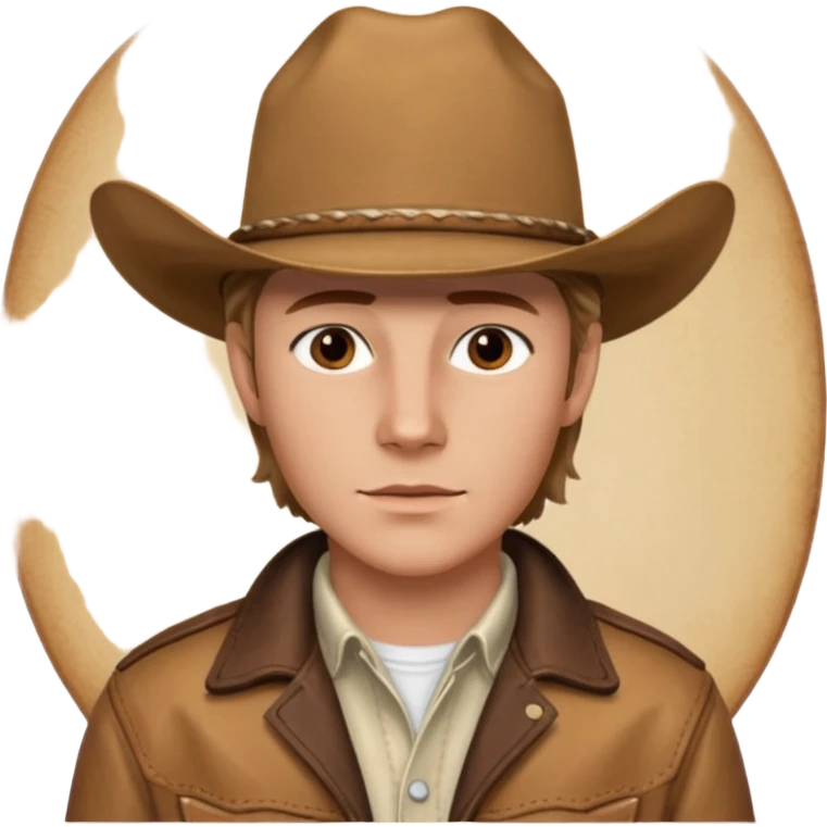 Ennis Del Mar from Brokeback Mountain with brown eyes, dark blonde hair, ivory shirt, brown jacket and cowboy hat emoji