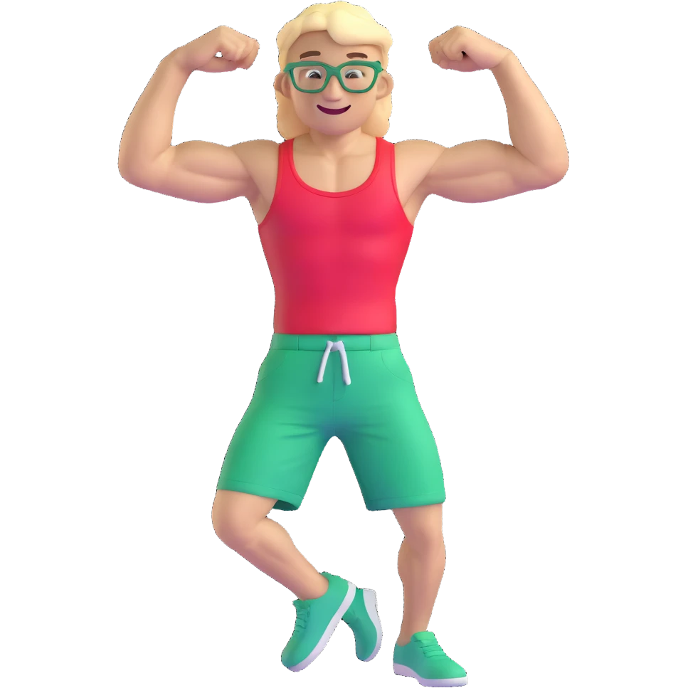 Scrawny thin man with black and white cap, skinny bare torso, red shorts, clear glasses, messy light blond mullet hairstyle, smiling and flexing small muscles emoji