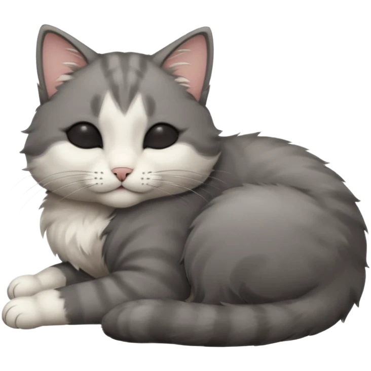 dark grey and white small cat with closed eyes, leaning his head on his paw while leaning on his elbow lying down emoji