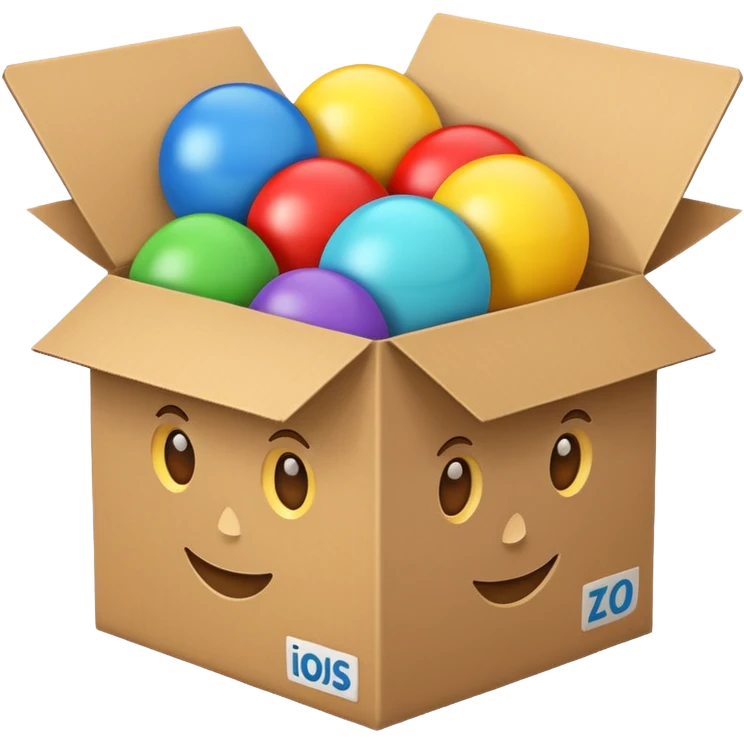 cardboard box with toys, emoji
