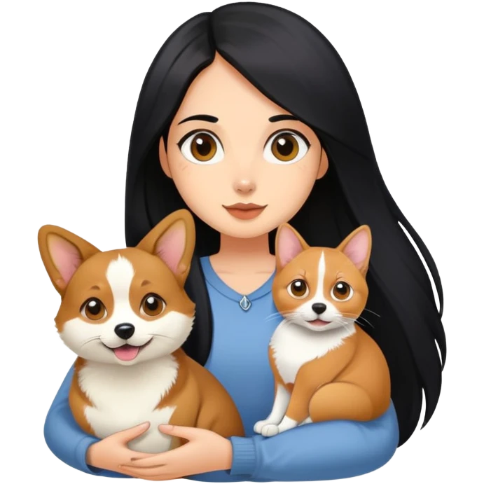 The girl with long black hair holding a corgi and a Abyssinian cat emoji