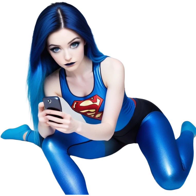 Shameful-head tilted-texting on phone-very very very large upper body-sexy face-bending forward at waist-very long very straight dark blue to light blue ombre hair-and-blue eyes-thick black eyeliner-thick long eyelashes-iridescent blue lowcut tanktop with black leggings with glitter superman logo emoji