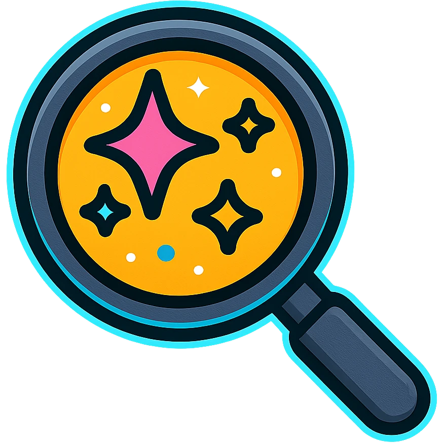 magnifying glass search symbol, dark metal frame with subtle glow, lens with bright colorful star field, neon glow border emoji