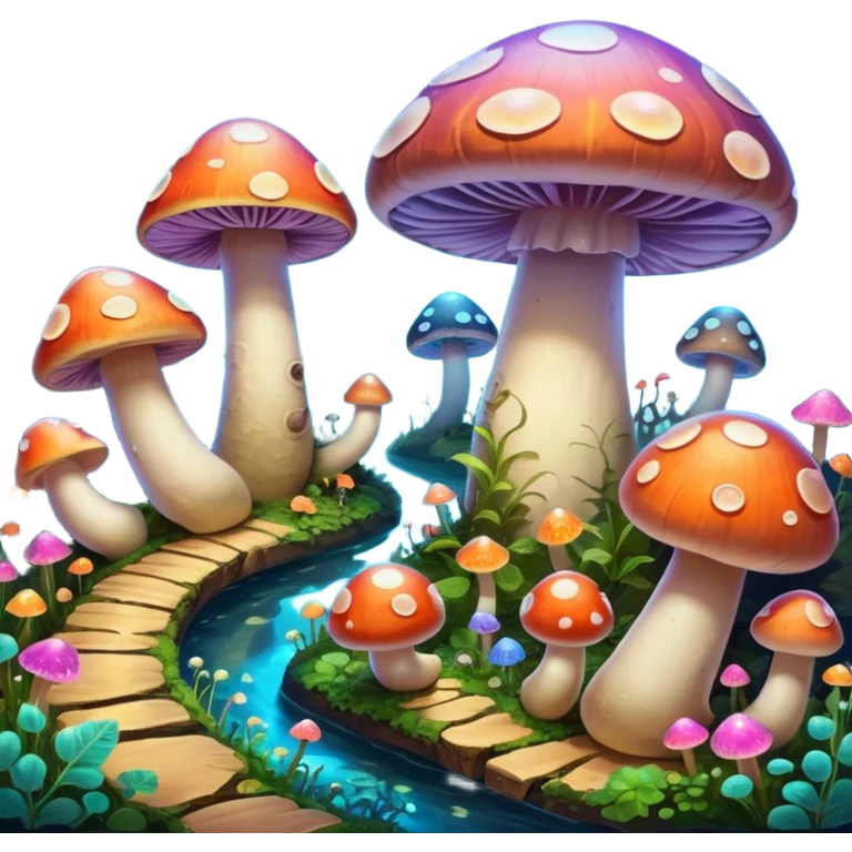  "A whimsical mushroom world filled with giant glowing mushrooms, soft bioluminescent spores floating through the air, and friendly oversized snails with colorful spiral shells exploring the landscape. Fantasy atmosphere, vibrant colors, dreamy lighting, highly detailed emoji