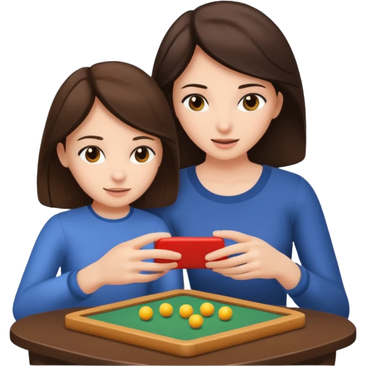 мама брюнетка и дочка брюнетка играют в игру emoji