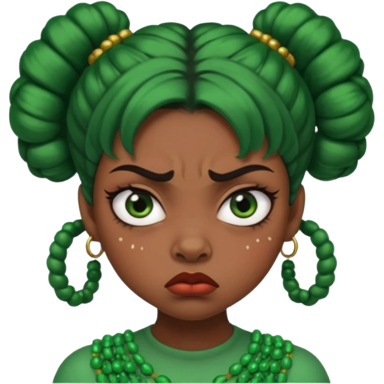 Create a 3D cartoon-style girl character with dark skin, round face, angry expression, big wide eyes, and tightly styled double buns made of green beaded hair. The girl should look irritated, eyebrows sharply angled, and lips pressed in a frown. emoji