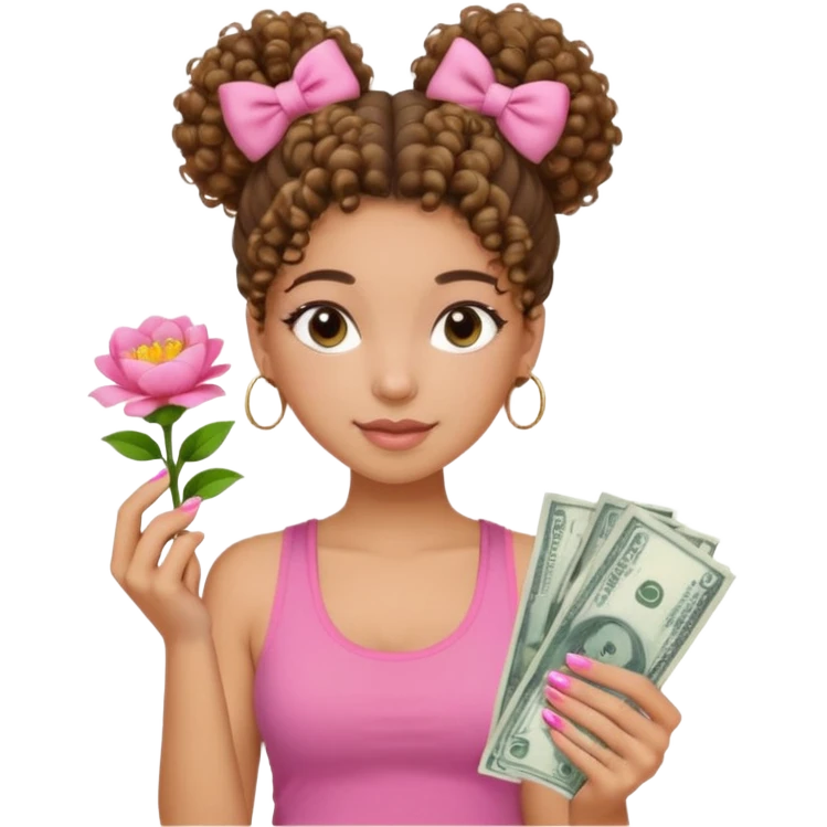 Uma menina com o cabelo cacheado com um Coque com baby hair, morena, e com uma regata rosa com unha em gel,e com dinheiro na mão ,e com flores na outra mão  emoji