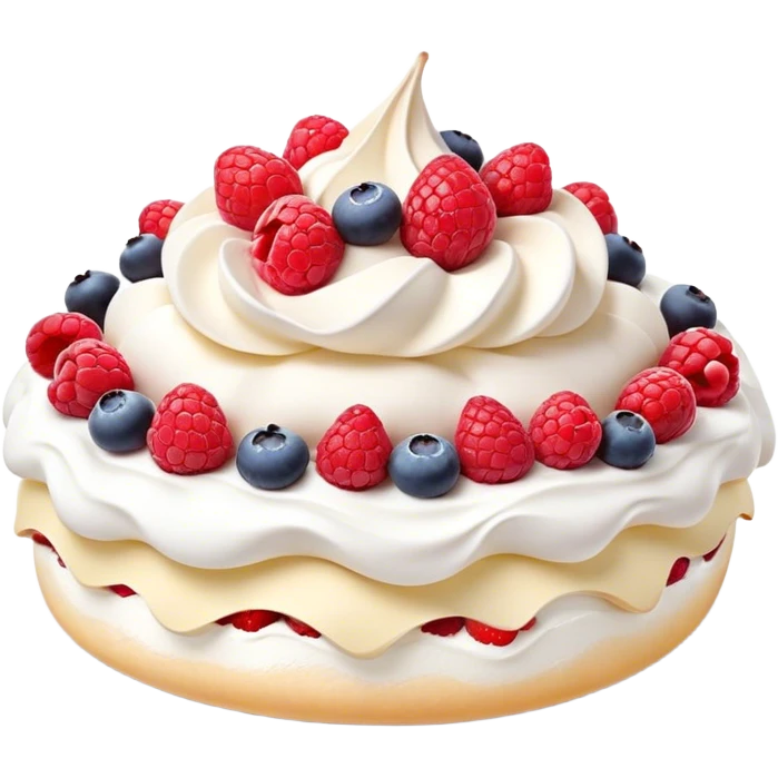 Cinematic Realistic Pavlova Dessert Emoji, showcasing a delicate meringue dessert topped with fresh fruit rendered with lifelike texture and soft natural lighting. emoji