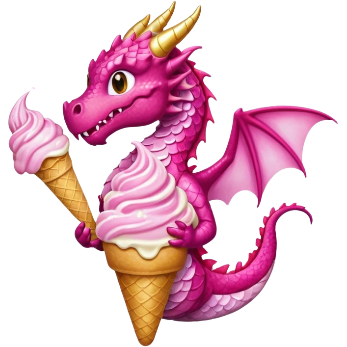 A dragon in pink tones with its wings, pink and golden legs, and shiny glitter, eats a vanilla and chocolate ice cream. emoji