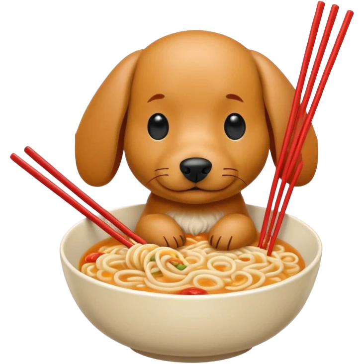 retro arcade style weenie dog eating ramen noodles out of bowl with chopsticks emoji