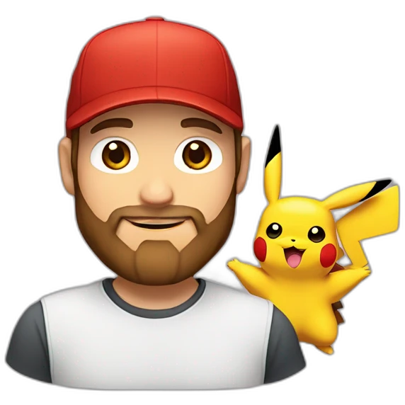 white man with brown hair and beard and a red cap, holding and a pikachu pokemon emoji