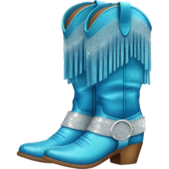 Realistic blue fashion cowgirl boots with sparly shiny glitter fringe on them. emoji