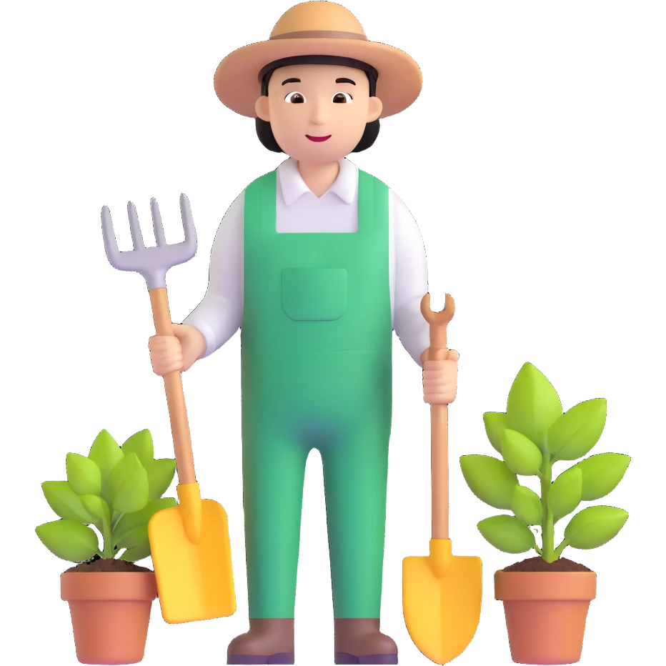 Asian gardener named Yong with gardening tools emoji