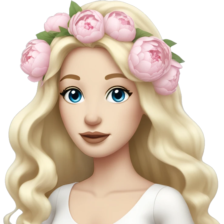 White bride with long light blonde hair and blue eyes with light pink peonies in hair white skin light pink lips emoji