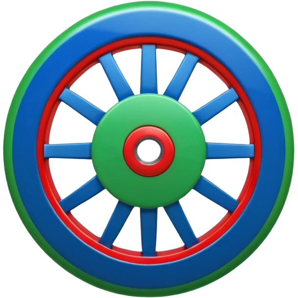 Glossy 3D emoji, blue top, green bottom, large red spoked wheel in center. Geometric symbol, no face. emoji