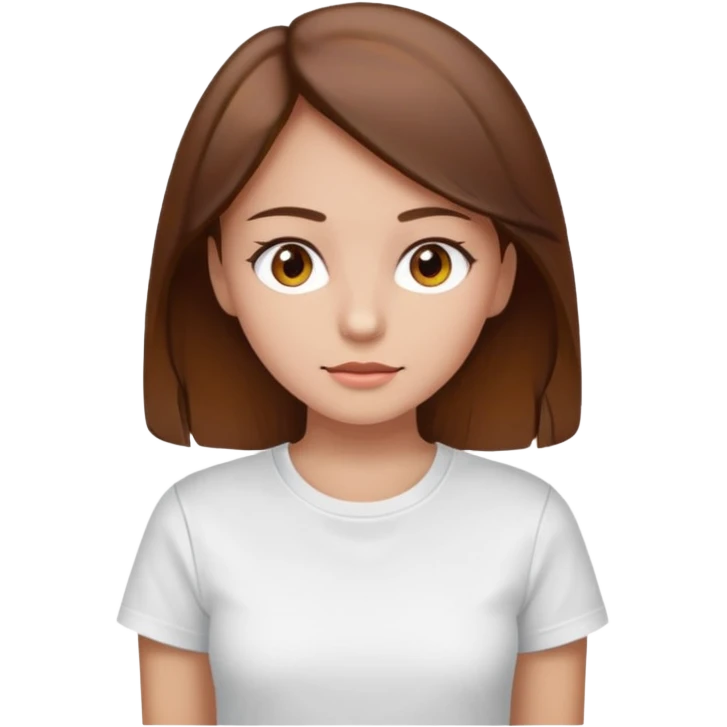 A Girl with Brown hair and Brown eyes with a t-shirt White. The t-shirt have un  emoji