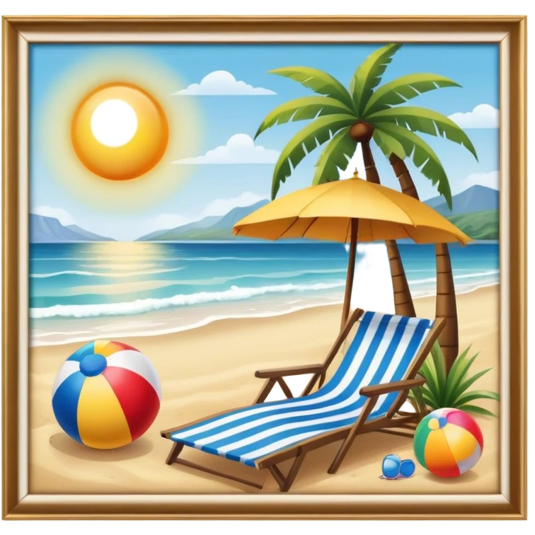 Icon for Beach Tourism: a serene beach scene with palm trees, a sun hat, a beach ball, and the ocean in the background. The icon should capture the relaxing atmosphere of a beach vacation. Transparent background. emoji