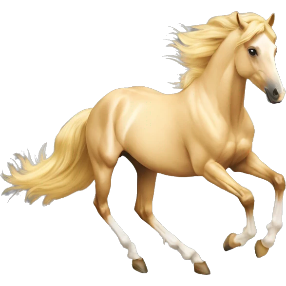 Yellow palomino horse with long flowing mane galloping with prosthetic leg, slender horse, solid yellow horse, running, galloping with prosthetic leg, pretty horse, horse with piebald foal emoji