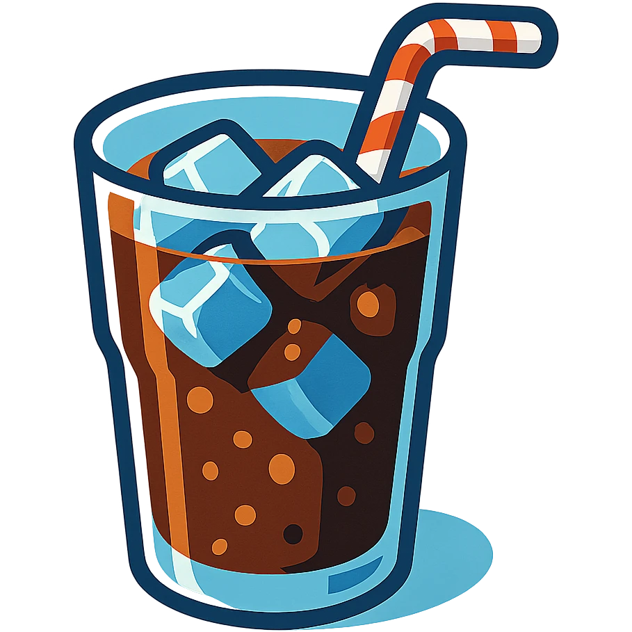 3D illustration of a glass of soda with ice cubes and a straw, realistic and refreshing look emoji