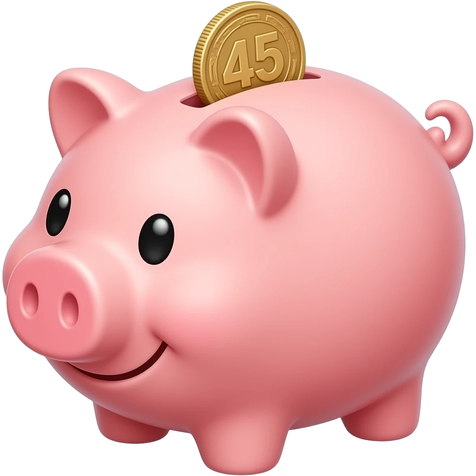 piggy bank with coin going into the top 45 degree angle with smile emoji