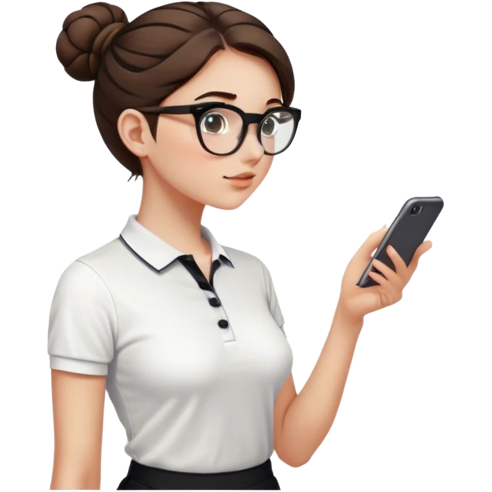 pretty girl white glasses side view white polo black shorts brown hair in a bun emoji