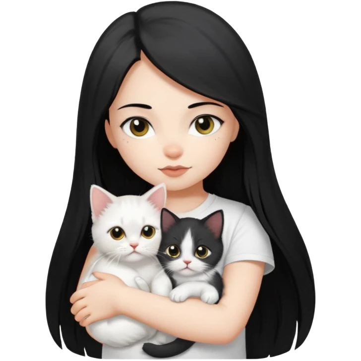 a girl with long dark black straight hair, in a white t-shirt, hugs a persian kitten 3 months old had a half spot black on her face and white one cat. emoji | AI Emoji Generator emoji