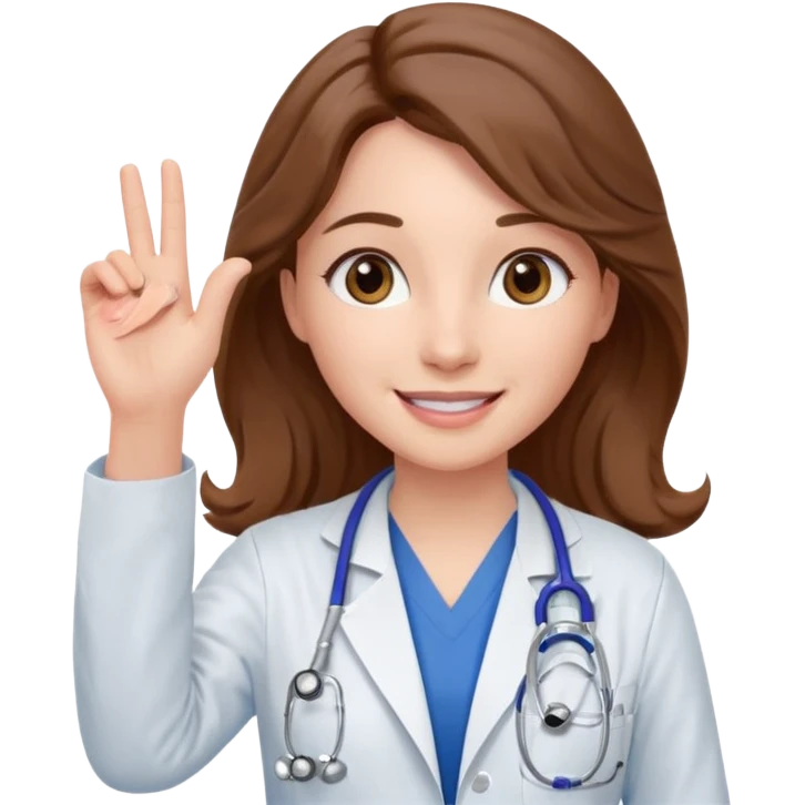 Barbie like emoji of a white woman with brown eyes and long wavy brown hair wearing blue scrubs, white lab coat, pink stethoscope, and raising one hand and a warm smile emoji