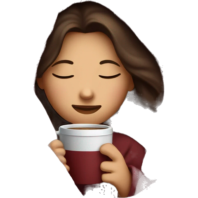 Brunette girl inside a burgundy blanket sipping coffee eyes closed emoji