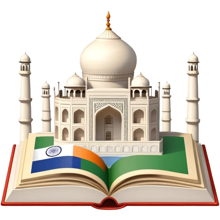 An icon featuring the Taj Mahal and the flag of India, symbolizing the Hindi language. The design includes an open book with hindi text, representing language learning and cultural richness. Transparent background highlights the heritage of India. emoji