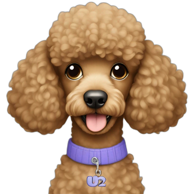 Light brown poodle wearing a t-shrit with the text U2 emoji