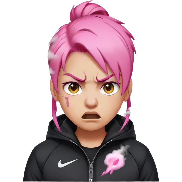 angry emoji with steam coming out of nose, pink hair, wearing black Nike jacket, natural skin tone emoji