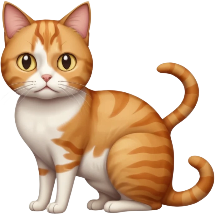 full body white, ginger and brown tabby calicio cat with skinny head and fat body with an anxious face emoji