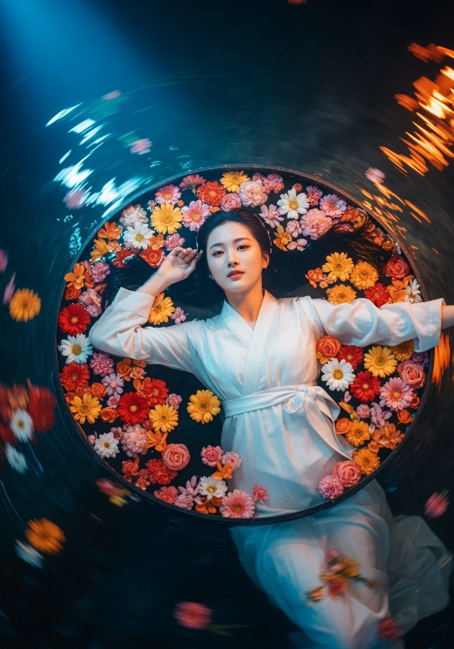 Camera drom top, Motion blur Extreme Closeup photo of a beautifull woman lay around beautifull colorfull flowers in water, cinematic light, 8K, very detailed, sharp, depth (foreground, midground, background) Spotlight, dark environemnt, blue and orange colors emoji