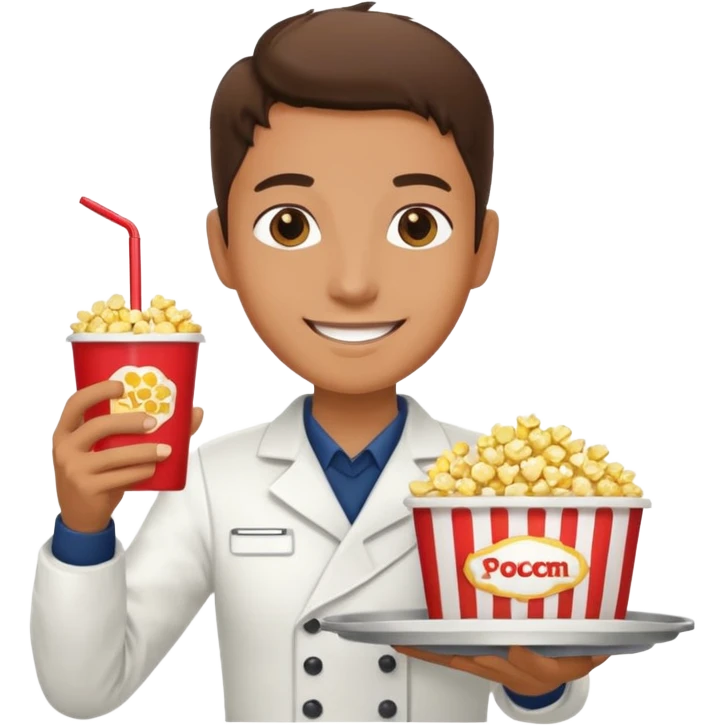A smiling vendor carrying a tray of popcorn and drinks. emoji