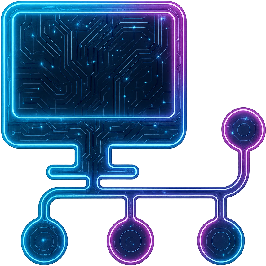 Transform the Device Manager icon into a cyberpunk, holographic style with glowing neon blue and pink edges, circuit patterns throughout the entire icon, and a transparent background. Maintain the recognizable computer and network node shapes, overlaying neon and circuit effects in the same futuristic, clean style as previous cyberpunk icons. The whole icon should have a consistent cyberpunk glow and intricate circuit details, emphasizing a futuristic, clean cyberpunk aesthetic with neon blue and pink glow and holographic circuit patterns. emoji