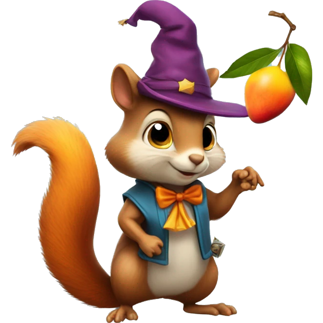 squirrel with a wizard hat an a mango in his hands emoji