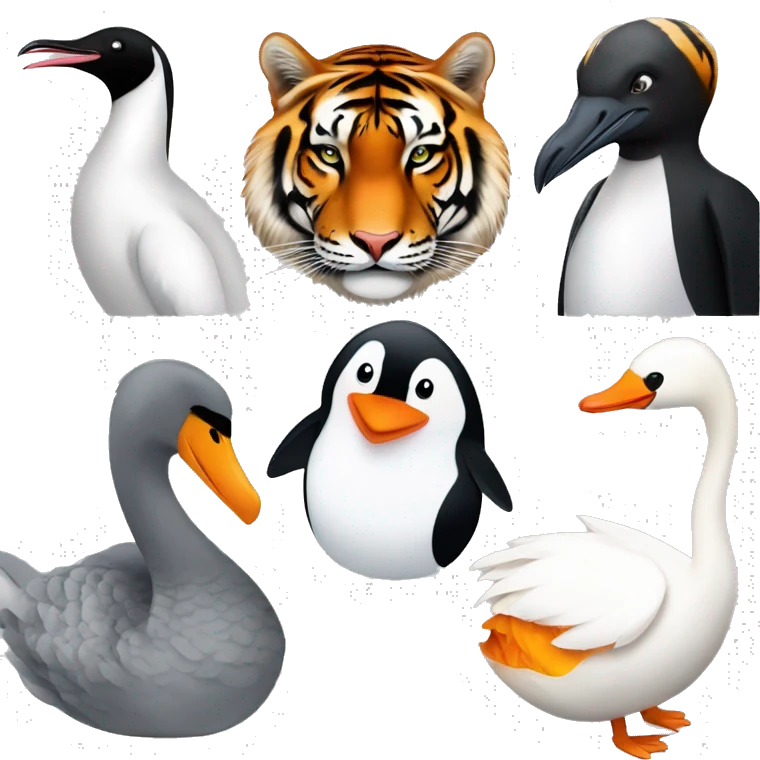 penguin and swan and a tiger in one animal emoji