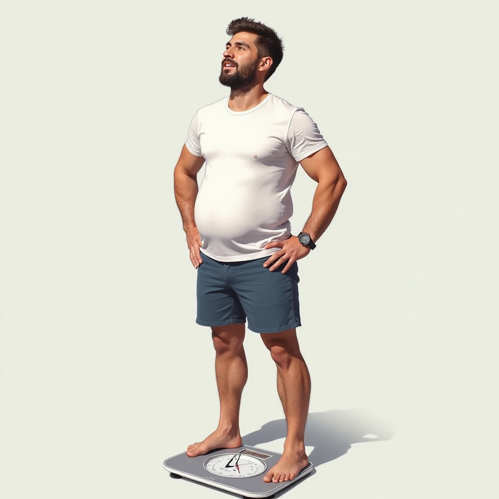 Italian man standing on a scale, looking at the result with hopeful expression; transparent illustration showing body fat loss, realistic style, vertical 9:16 aspect ratio emoji
