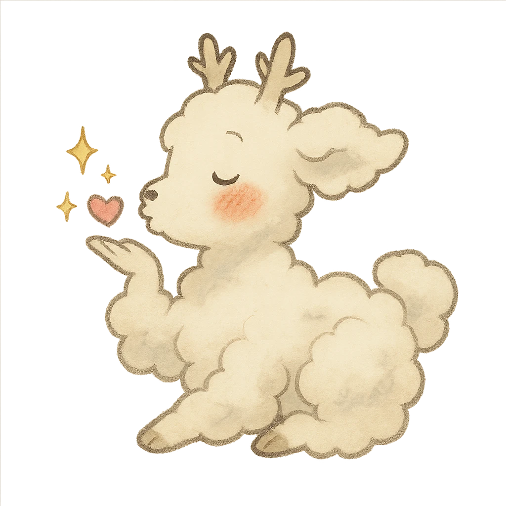 vanilla-colored cloud doe blowing a kiss with sparkles and rosy cheeks, soft Ghibli style emoji