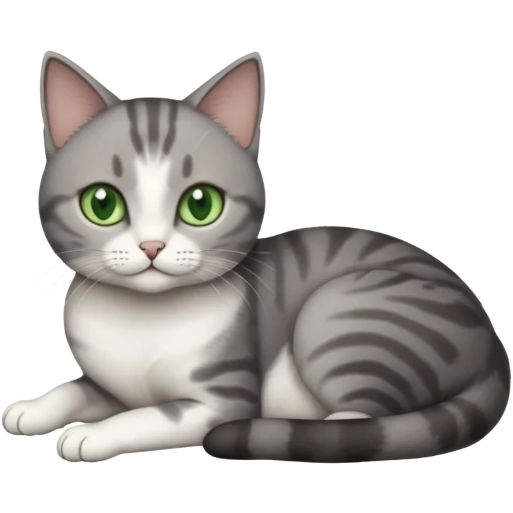 full body tiny short hair dark grey and white cat with white front legs and green  eyes lying down emoji