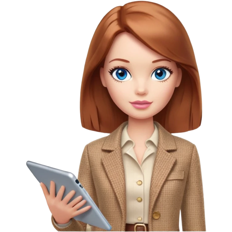 A Barbie girl with blue eyes, shoulder-length reddish-brown hair, made-up, wearing a beige tweed jacket and a beige skirt,  with a iPad Air emoji