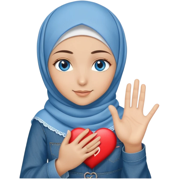 Turkish beautiful finish Konya girl blue eyes with denim hijab islamic dress and making heart with hands and with thank you text emoji