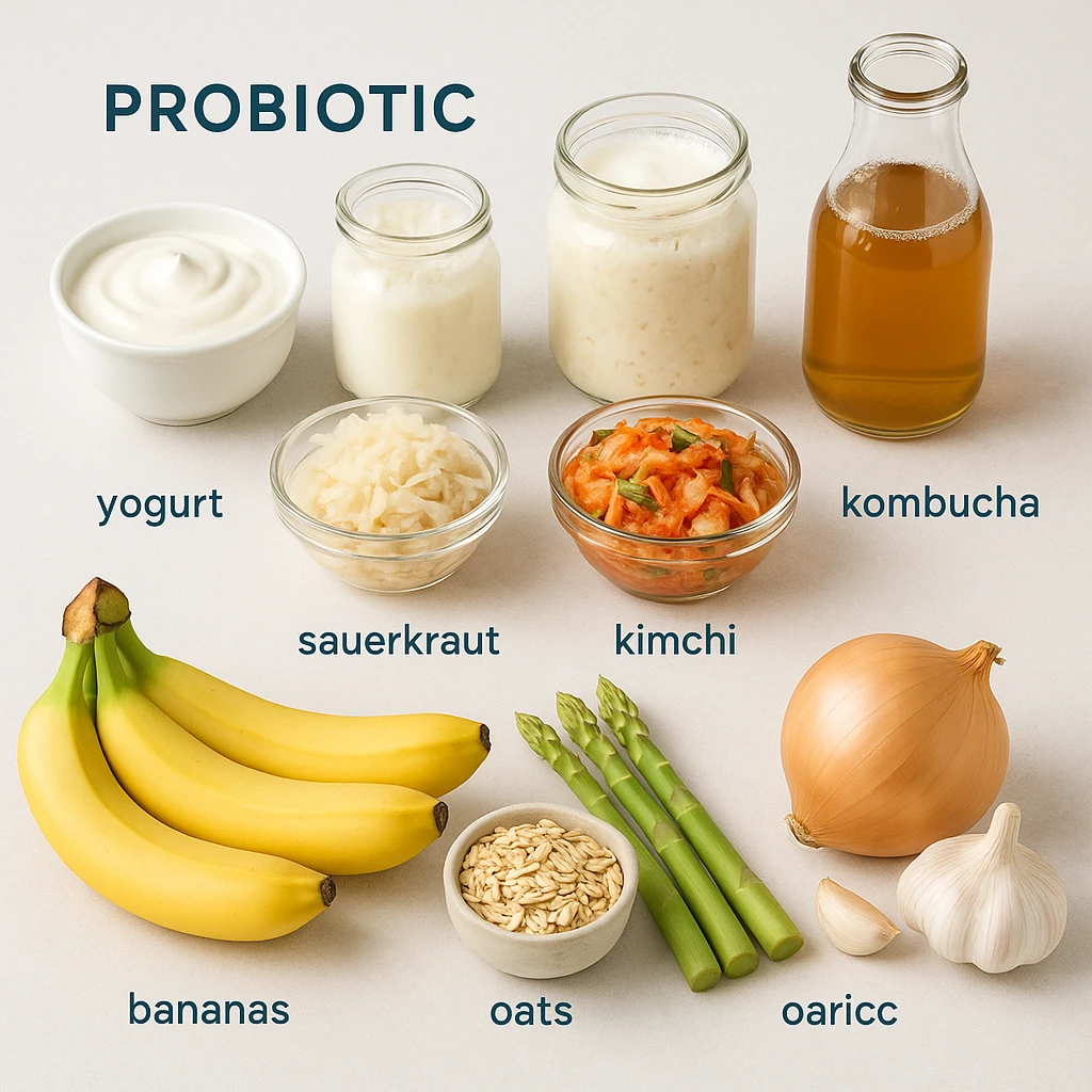 realistic and informative illustration showing a selection of probiotic and prebiotic foods on a light background, examples: yogurt, kefir, sauerkraut, kimchi, kombucha labeled as probiotic; bananas, oats, asparagus, onion, garlic labeled as prebiotic, clean and modern style emoji