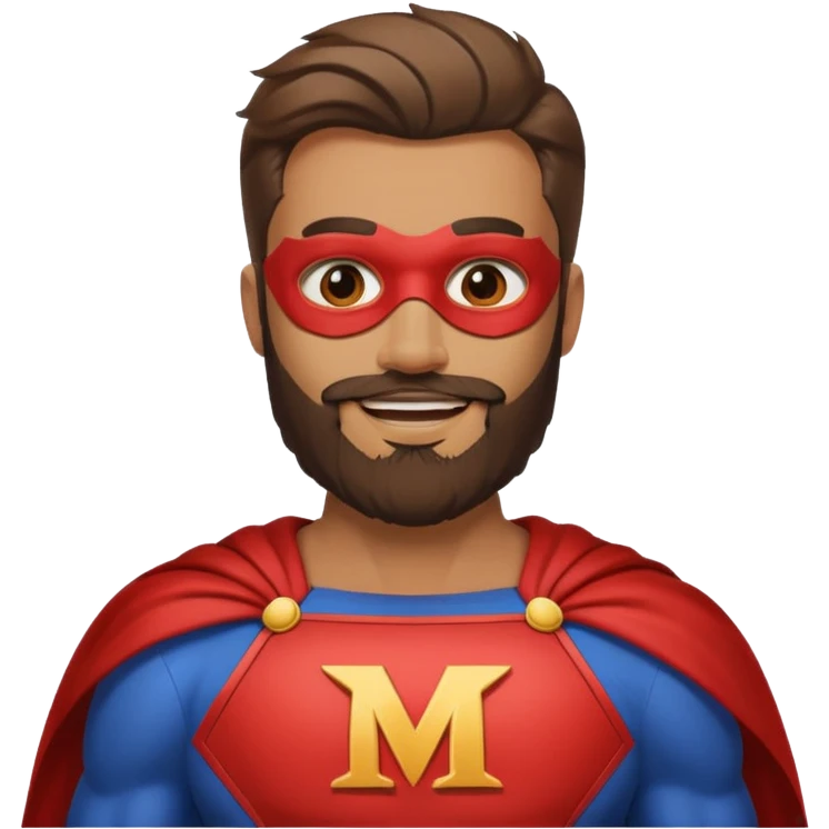 бородатый мужчина в костюме супер героя с буквой М  на груди без маски веселится  emoji