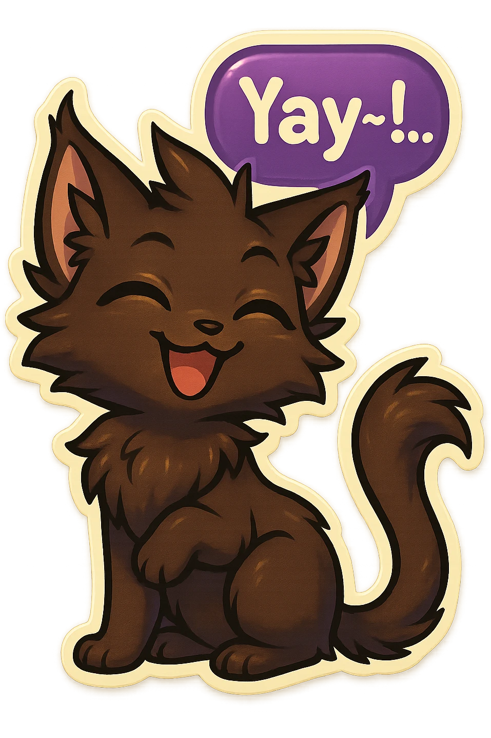 a dark-brown fluffy cute kawaii anthropomorphic furry anime cat-furry with tufted ears, golden eyes, and a long thin tufted tail, happy, grinning, closed eyes, pleased expression, saying “Yay~!..” with a purple speech bubble, (cartoon style) (cute anime style) (furry style) (deviantArt style) (artist style: Kamirah) emoji