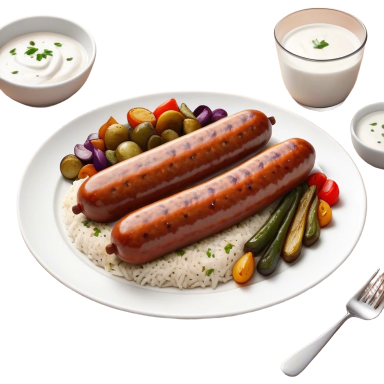 Cinematic Realistic image of a long, sausage-shaped Turkish Köfte, rendered with richly spiced meat textures and subtle grill marks, artfully arranged on a traditional Turkish ceramic plate alongside classic sides such as a serving of aromatic pilaf, crisp grilled vegetables, and a dollop of creamy yogurt, all bathed in warm, appetizing lighting that emphasizes its savory allure. emoji